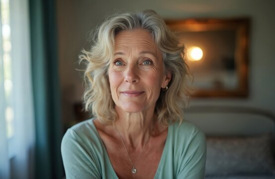 Mature woman with grey hair smiles gently. She looks calm and content in soft natural light indoors, wearing a light green top, conveying a sense of well-being and comfort.