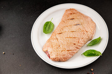 Duck breast raw poultry meat natural product tasty snack fresh delicious gourmet food background on the table rustic top view copy space