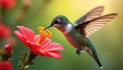 Obraz premium Tiny hummingbird hovering near bright red flower with yellow pollen. Small bird with green feathers drinks nectar with long beak. Wings beat fast, tiny bird flies.
