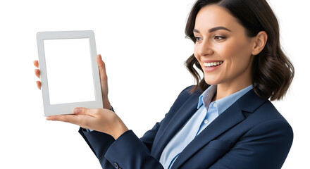 Smiling businesswoman showcases a modern digital tablet display perfect for showcasing your unique content and apps