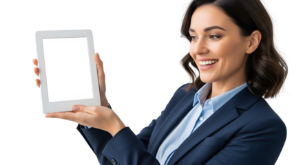 Smiling businesswoman showcases a modern digital tablet display perfect for showcasing your unique content and apps