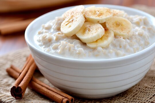 Creamy oatmeal served in white bowl, topped with sliced bananas and sprinkled cinnamon, cinnamon sticks arranged on mat. - Powered by Adobe