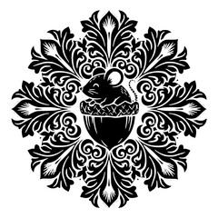 Acorn Mandala Black and White Ornamental Line Art