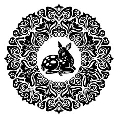 Sleeping Fawn Mandala Black and White Ornamental Line Art