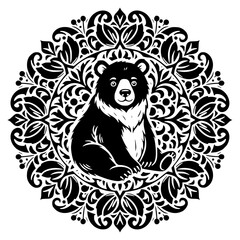 Bear Mandala Black and White Ornamental Line Art