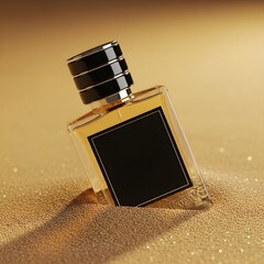A rectangular glass perfume bottle with a black label on a shimmering gold glitter background.