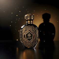 A luxurious perfume bottle with intricate gold filigree design against a dark backdrop