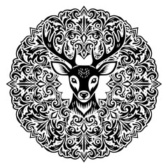 Deer Head Mandala Black and White Ornamental Line Art