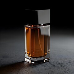 A striking shot of an elegant perfume bottle with amber liquid and a black cap