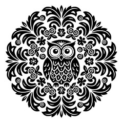 Owl Mandala Black and White Ornamental Line Art