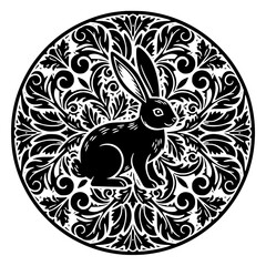 Rabbit Mandala Black and White Ornamental Line Art