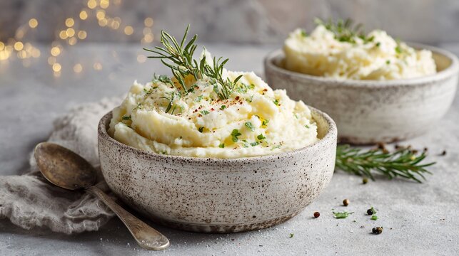 Creamy garlic mashed cauliflower served in stoneware, quiet Christmas mood, cool neutral backdrop