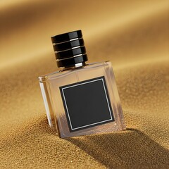Elegant perfume bottle mockup standing on shimmering golden granules against a warm backdrop