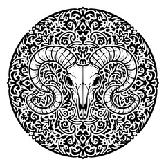 Black and white ram skull mandala with intricate floral patterns and curved horns, circular symmetry, folk art style decorative line illustration
