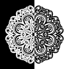 High contrast black and white ornamental mandala with yin yang split symmetry, intricate lace-style curves and decorative line art