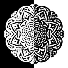 High contrast black and white abstract mandala with yin yang split symmetry, layered petal geometry and ornate decorative line art