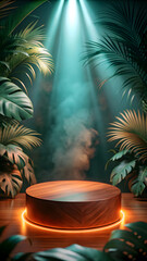 Obraz premium Dramatic spotlight illuminates a wooden podium surrounded by lush tropical foliage