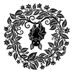 Black and white bat mandala wreath with intricate leaves and floral details, circular symmetry, folk art style decorative line illustration