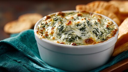 Creamy spinach artichoke dip served in a small white bowl, crisp forest-green backdrop