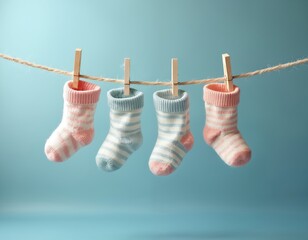 Four striped baby socks hang on a clothesline with wooden pegs. Two pairs, one pink and one blue, dry on a simple rope against a soft blue backdrop. Clean newborn wear.