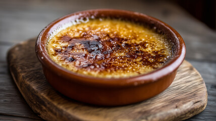Crema Catalana with torched sugar crust and silky custard in ceramic dish on rustic wood surface.