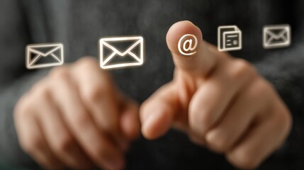 Checking email with digital interface of inbox icons, person using online message system on device to connect with friends and family
