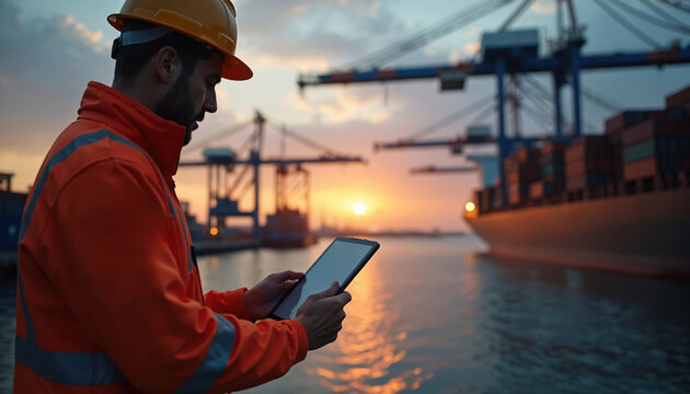 Port worker uses tablet at sunset near cargo ship. Cranes and containers visible in busy harbor. Maritime logistic operations view at twilight.