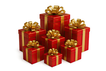 Obraz premium Stack of red Christmas gift boxes with golden ribbons, isolated on transparent background. Festive holiday presents in realistic 3D style, PNG with alpha channel.