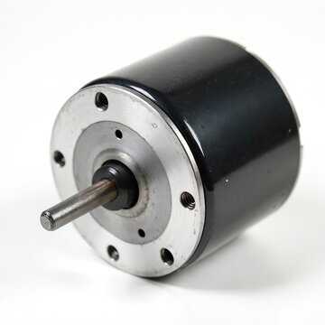 Black stepper motor with steel shaft and mounting flange. Precision mechanical component for automation and robotics. Industry equipment detail.