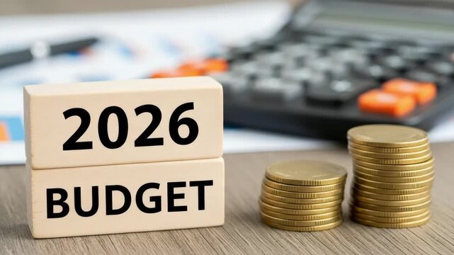 Budget 2026 on wooden blocks with coins and calculator in background motion animated video.
