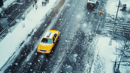 Yellow taxi driving through snowy streets in a winter urban setting