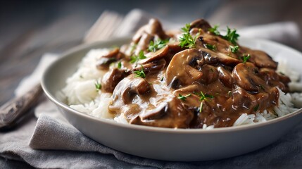 Mushroom stroganoff with rich gravy, placed on soft warm-grey linen