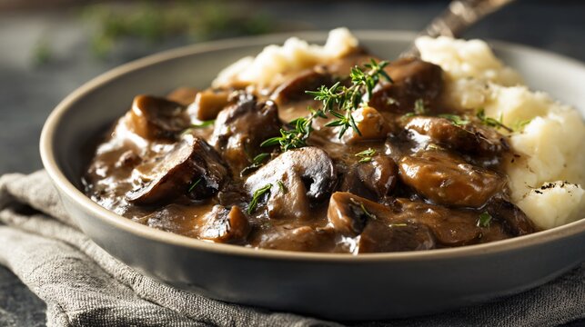 Mushroom stroganoff with rich gravy, placed on soft warm-grey linen