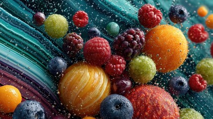 Colorful layered planet with fruit and orbs creating abstract cosmic scene for summer food concepts and microstock images. high quality realistic photo