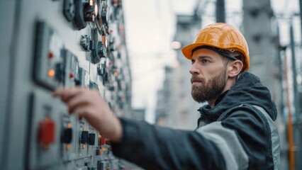 Engineer adjusting control panel outdoors modern industrial setting midshot in neutral daylight