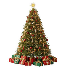 Decorated christmas tree with presents isolated on transparent background