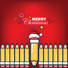 A festive christmas illustration featuring pencils a santa hat gears and celebratory text on a red background
