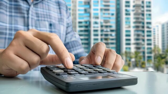 A person is engaged in calculation using a calculator while surrounded by a vibrant urban backdrop, indicating financial planning activity