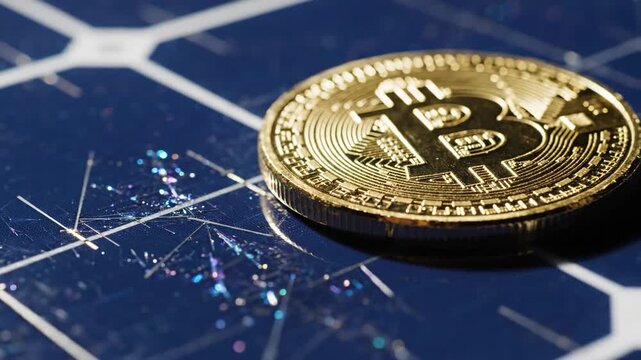 Golden bitcoin coins glisten on a deep blue digital surface adorned with intricate patterns, evoking a sense of innovation and the evolving landscape of cryptocurrency and technology.