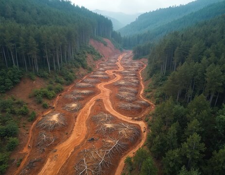 Aerial view of logged forest showing cleared land with tree stumps, winding dirt paths. Contrasting green woods border devastated terrain. Mountainous landscape shows large scale timber extraction