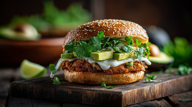 Puebla-style Mexican cemita sandwich with sesame bun, breaded meat, avocado, cheese, and herbs, rustic board