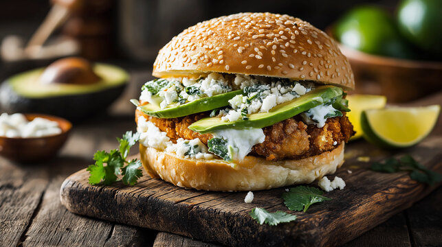 Puebla-style Mexican cemita sandwich with sesame bun, breaded meat, avocado, cheese, and herbs, rustic board