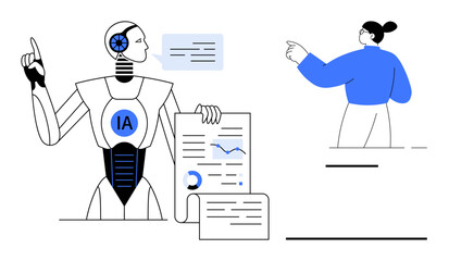 Artificial intelligence, data analysis, technology communication, innovation, automation, teamwork. Robot holding analytical charts, woman interacting with AI. AI and data analysis concept