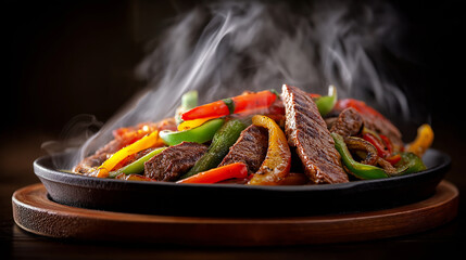 Sizzling Mexican beef fajitas with grilled beef strips, bell peppers, and onions, served on a hot cast iron plate, steam rising