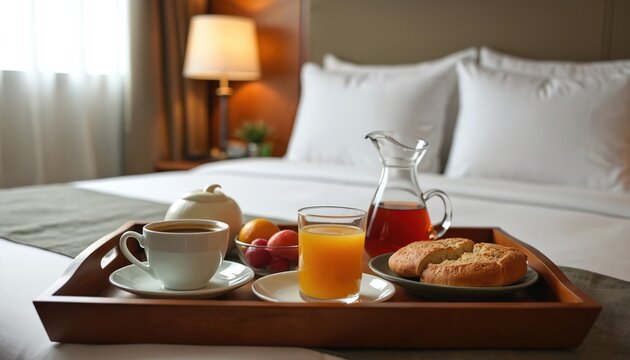 A wooden tray with coffee, juice, fruits and bread rests on a made hotel bed. Morning meal service offers refreshment in a comfortable room. Enjoy a delicious start to your day.