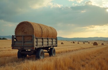 Farm trailer loaded with large straw bales sits in a golden wheat field at harvest time. Many round hay bales dot the expansive rural landscape under a cloudy sky. Agricultural transport.