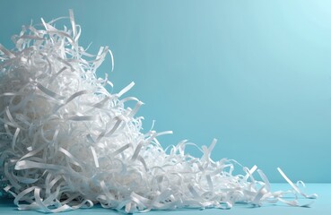 White paper shreds piled in corner against solid light blue background. Confetti like strips create soft texture. Filler material for packaging or crafts. Background for design projects.