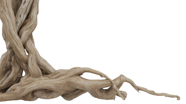 Twisted light brown tree roots isolated on a transparent background