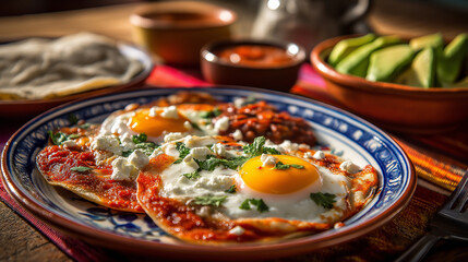 Fototapeta premium Traditional Mexican huevos rancheros with fried eggs, corn tortillas, salsa roja, beans, and avocado, breakfast setting