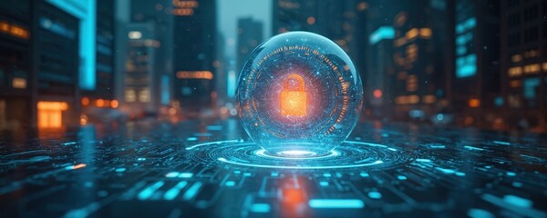 Glowing padlock inside digital sphere against futuristic cityscape at night. Secure data protection concept with network grid and circuit board elements.